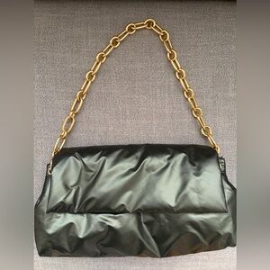 Anthropologie Green Metallic Puff Shoulder Bag, Gold Chain